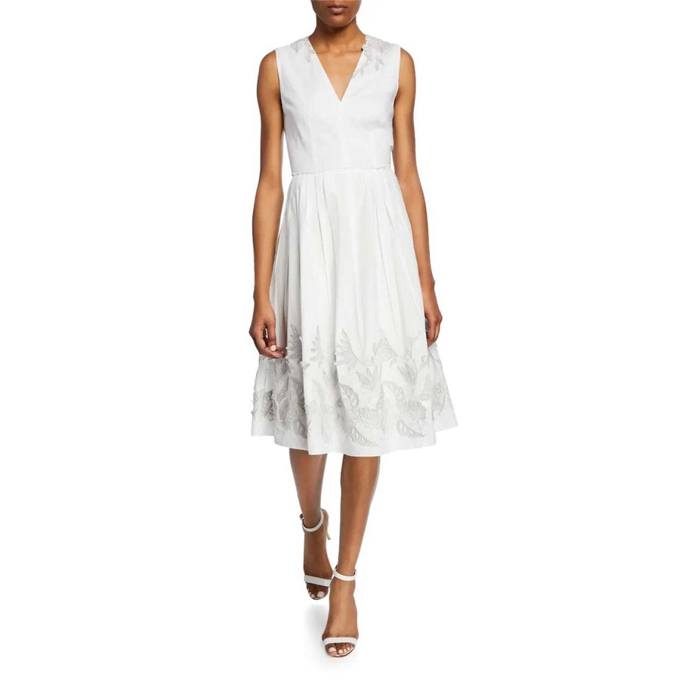 Elie Tahari White Midi Dress with Silver Floral Embroidery - Picture 2 of 14